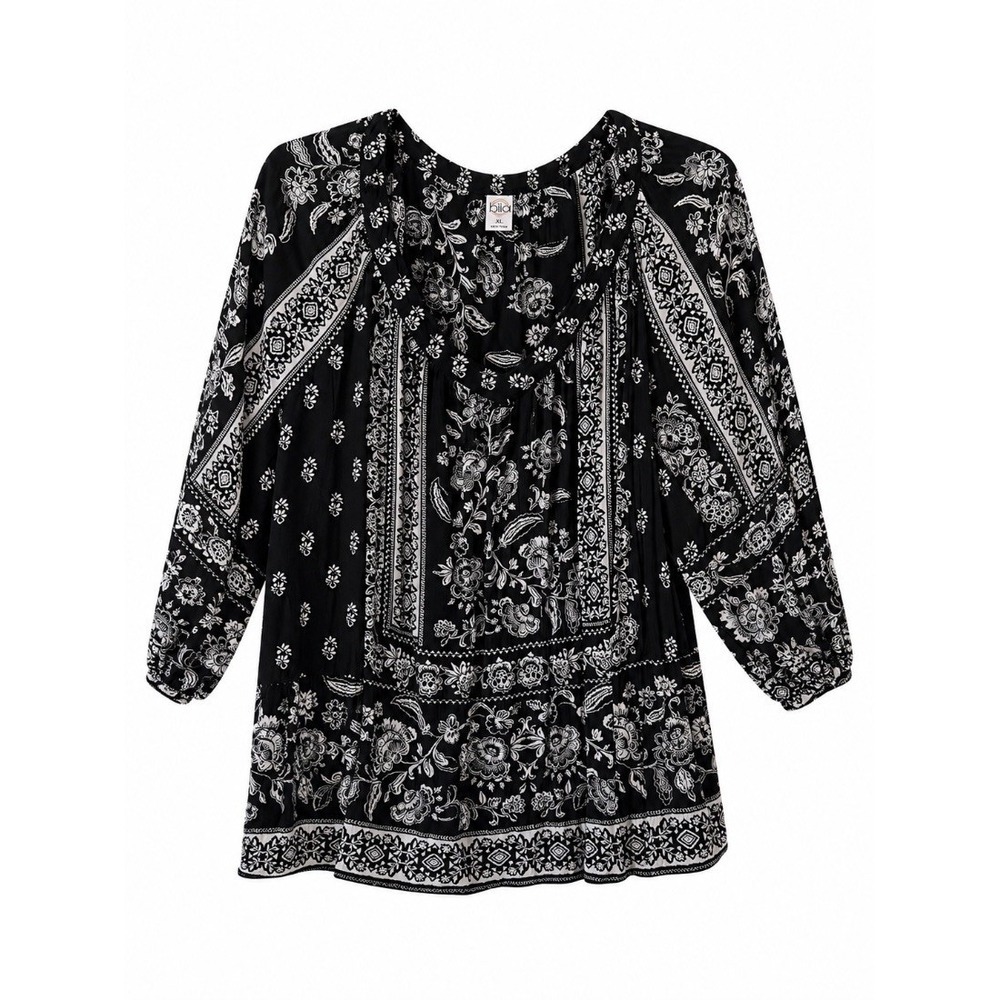 Bila Womens Black White Floral Paisley Boho Peasant Tunic Dress XL Rayon